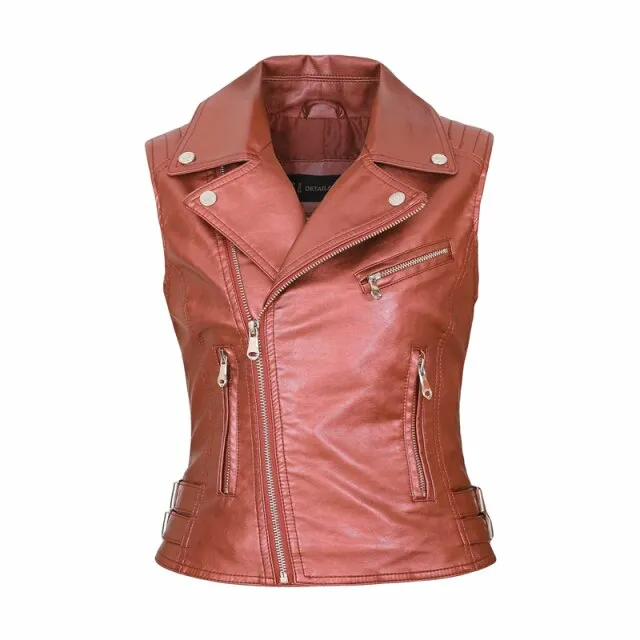 Women PU Faux Leather Sleeveless Red Jackets Ladies Turn-down Collar Zipper Vest Pockets Waistcoat Streetwear