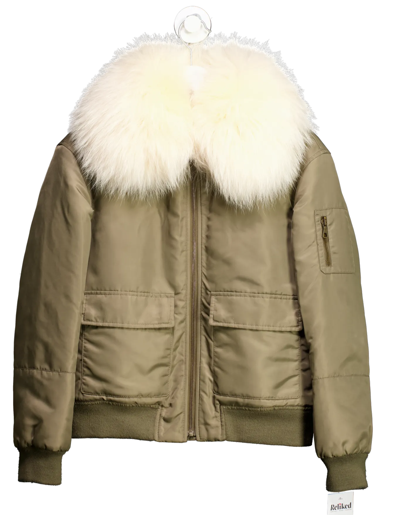 Yves Salamon Green Khaki Bomber Jacket With Real Fur Collar And Detachable Fur Lining Fr34 UK 8